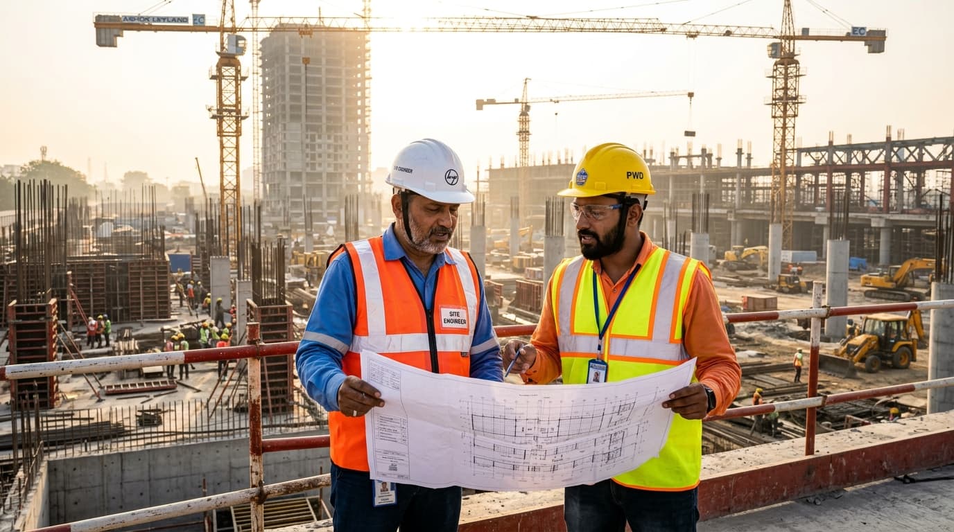 Estellar engineers reviewing project blueprints at construction site