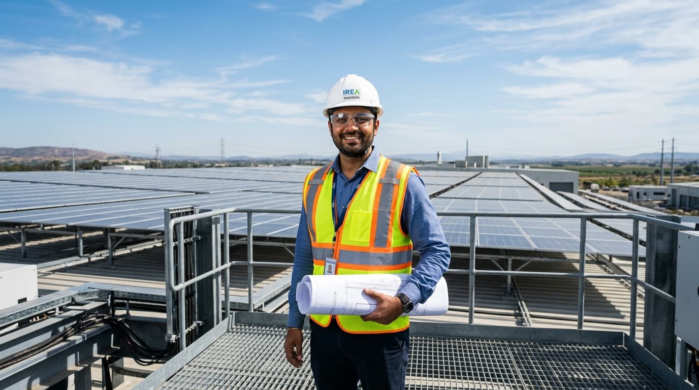 Estellar engineer reviewing solar infrastructure blueprints