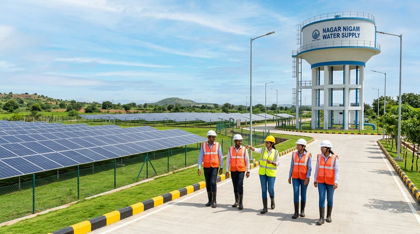 Municipal and renewable infrastructure project with solar array, water storage tower and collaborating engineers