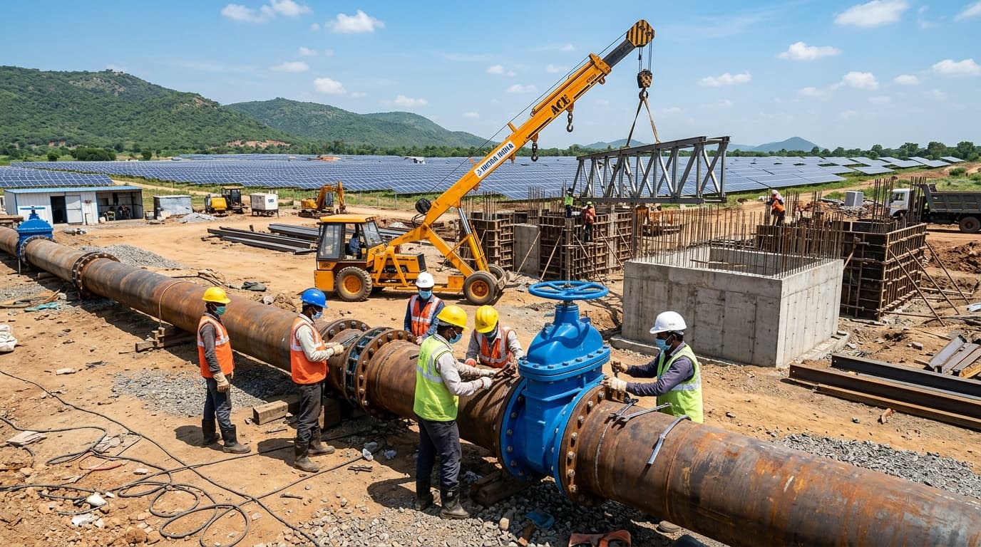 Multi-disciplinary infrastructure execution site with water pipeline, crane and solar installation